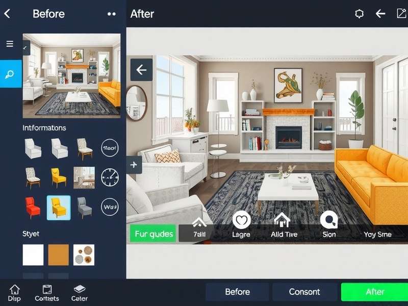 Interior Innovation game interface showing design tools