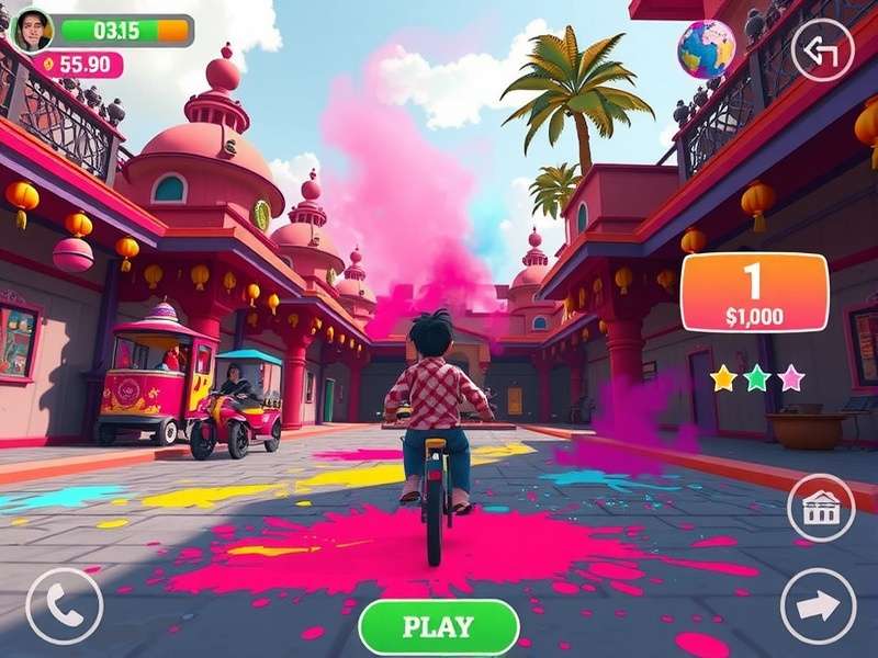 Holi Glee Getaway gameplay showing colorful festival environment