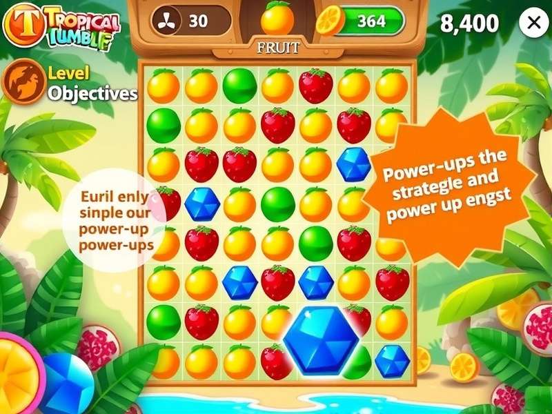 Tropical Tumble gameplay screenshot showing colorful fruit pieces