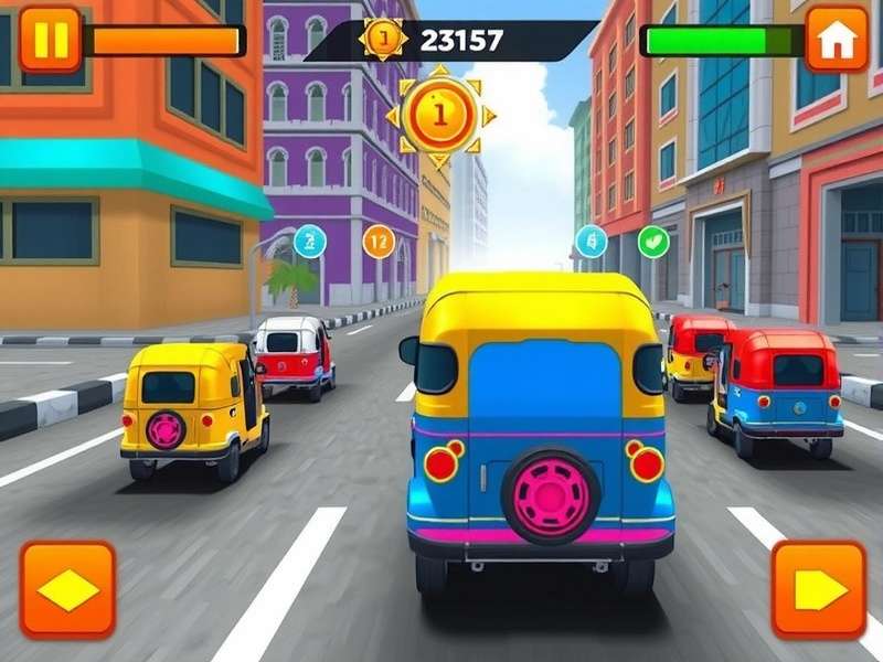 Rickshaw Blitz King gameplay screenshot showing colorful auto rickshaw racing through Indian streets