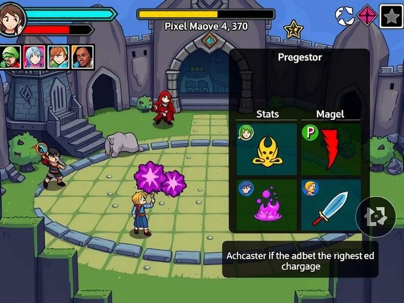 Pixel Warriors Battle character selection screen showing mage class with spell effects
