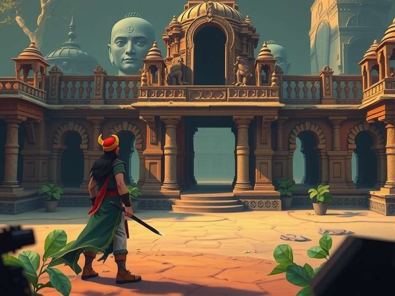 Mysore Mystic Quest gameplay screenshot showing character in ancient Indian temple