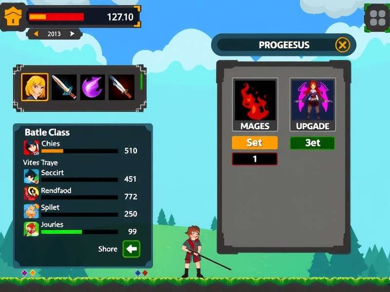 Pixel Warriors Battle progression screen showing character stats and upgrade options