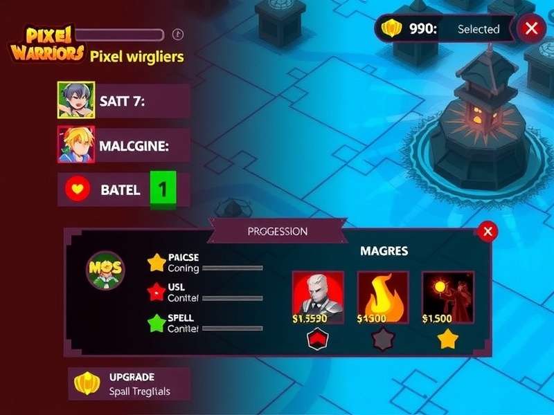 Pixel Warriors Battle gameplay screenshot showing character selection and battle arena