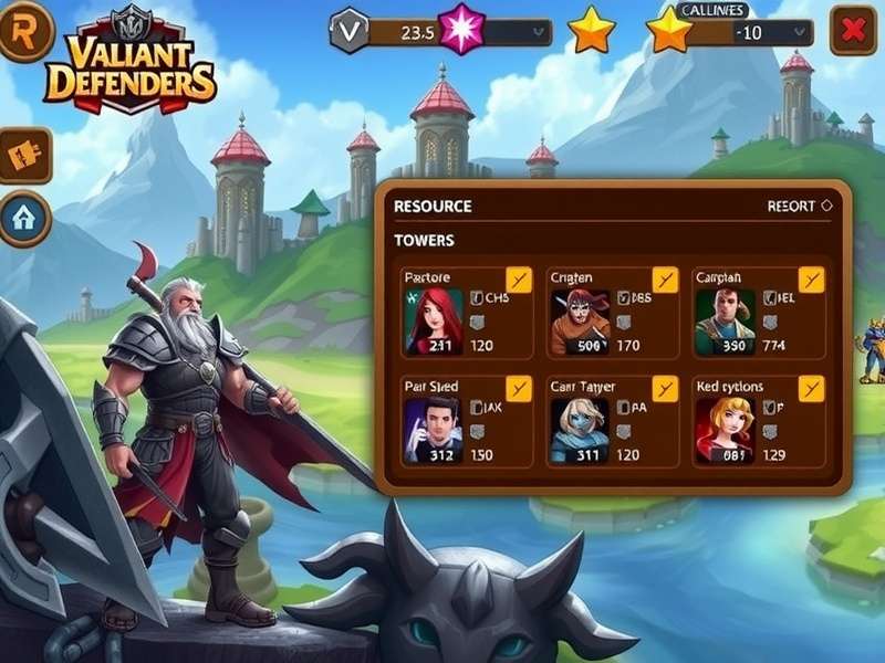 Valiant Defenders gameplay screenshot showing hero characters and battle scene