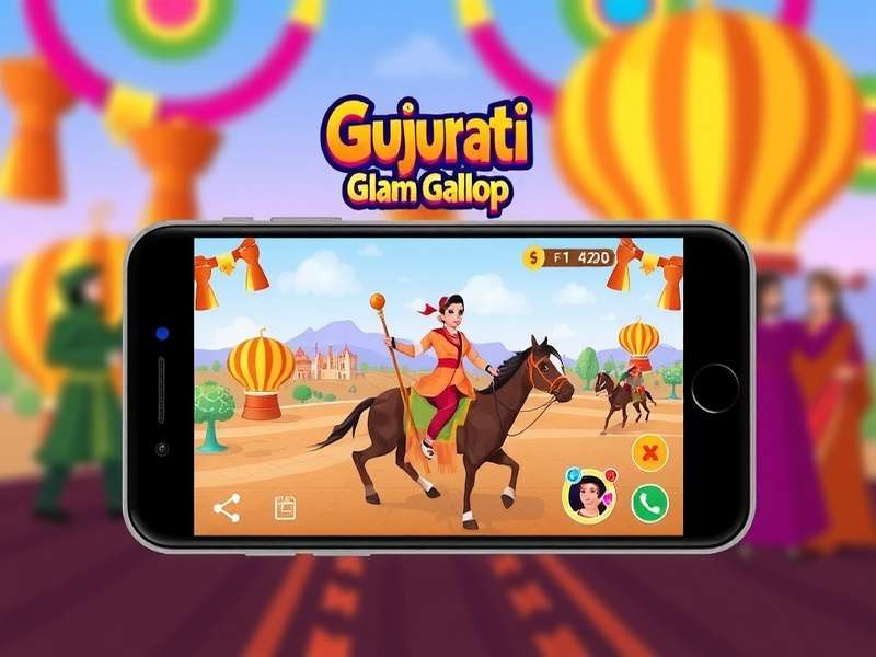 Modern smartphone displaying Gujarati Glam Gallop gameplay interface