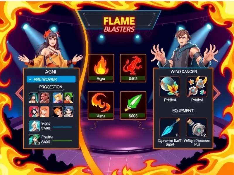 Flame Blasters progression system interface showing character upgrades