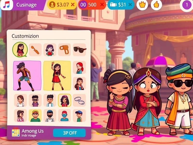 Among Us India Voyage characters participating in a Holi festival event