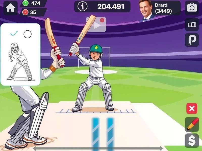 Cricketer Sketch gameplay interface showing drawing tools and cricket elements
