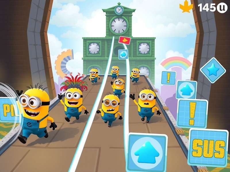 Despicable Minion Run gameplay screenshot showing multiple minions running through obstacles