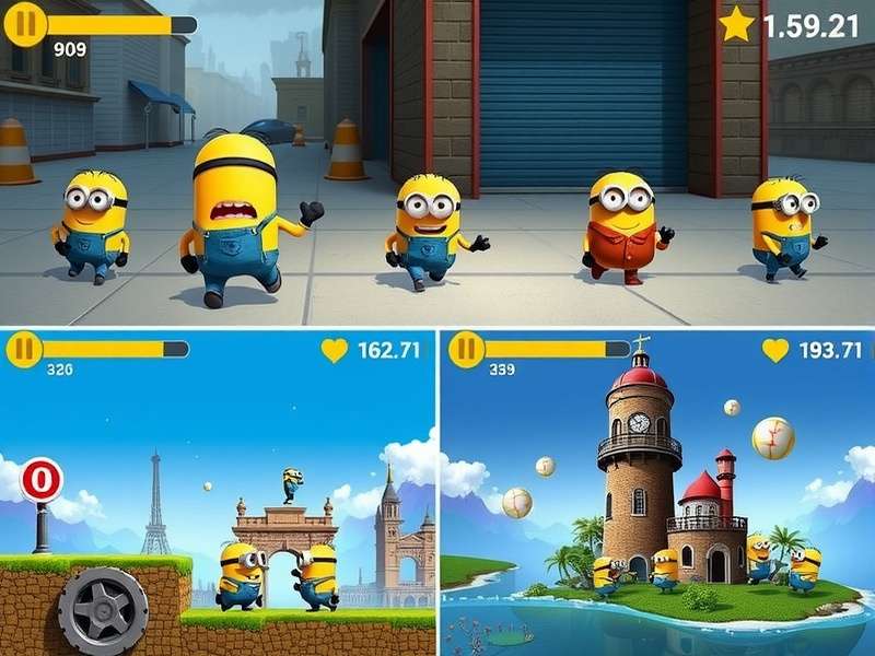 Multiple game environments in Despicable Minion Run showing different locations and obstacles