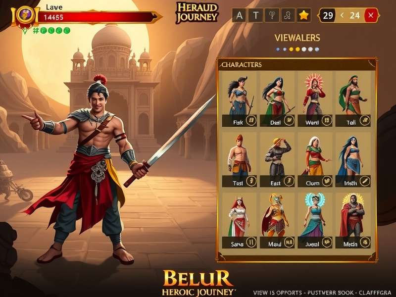 Belur Heroic Journey character roster showing diverse Indian-inspired designs