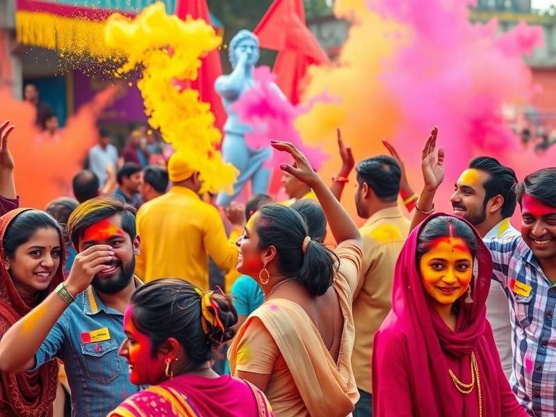 People dancing during Holi festival with colorful powder