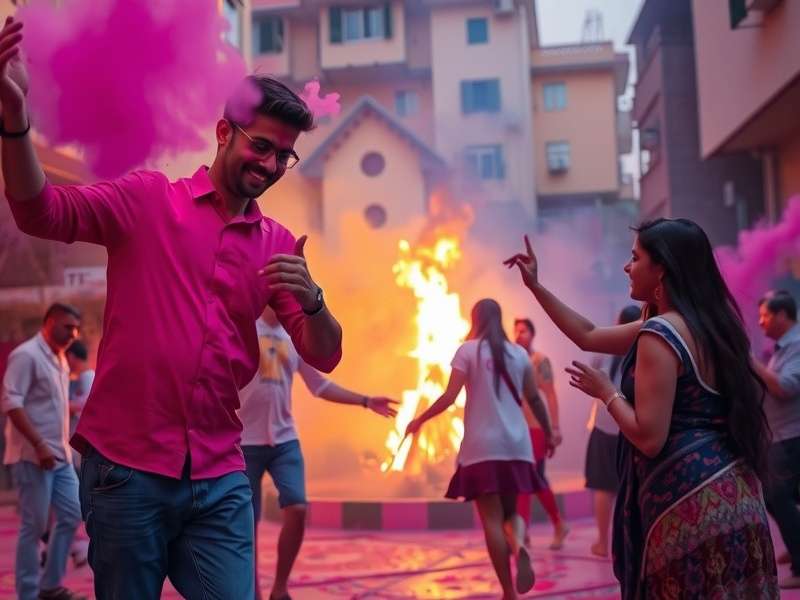 Vibrant Holi celebration with people throwing colorful powder