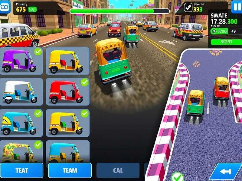 Rickshaw Blitz Pro customization screen showing various rickshaw designs and upgrade options