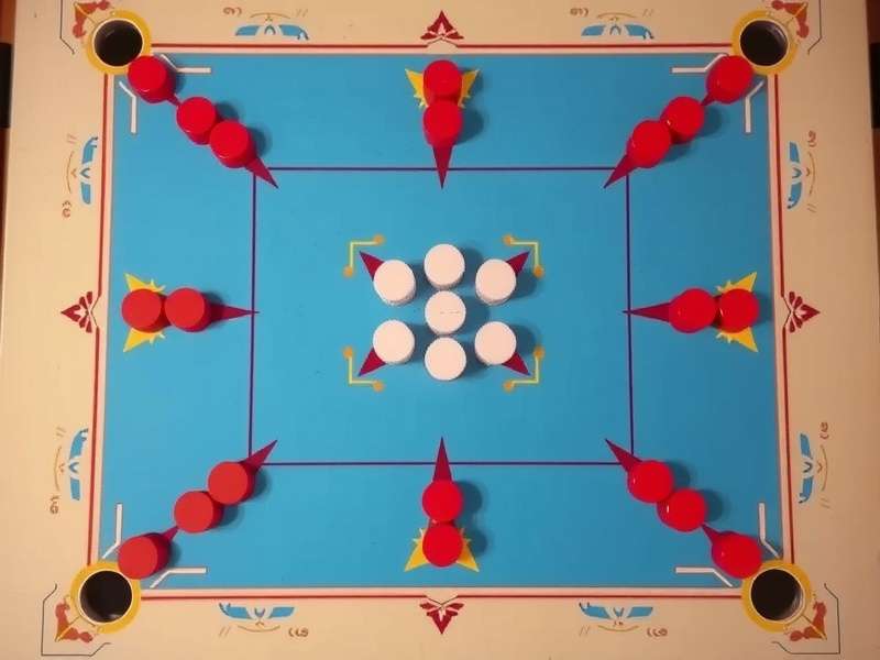 Carrom board setup with pieces arranged in center