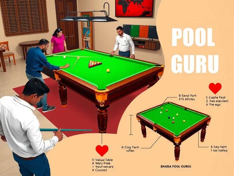 Bharat Pool Guru equipment including cues, balls, and table