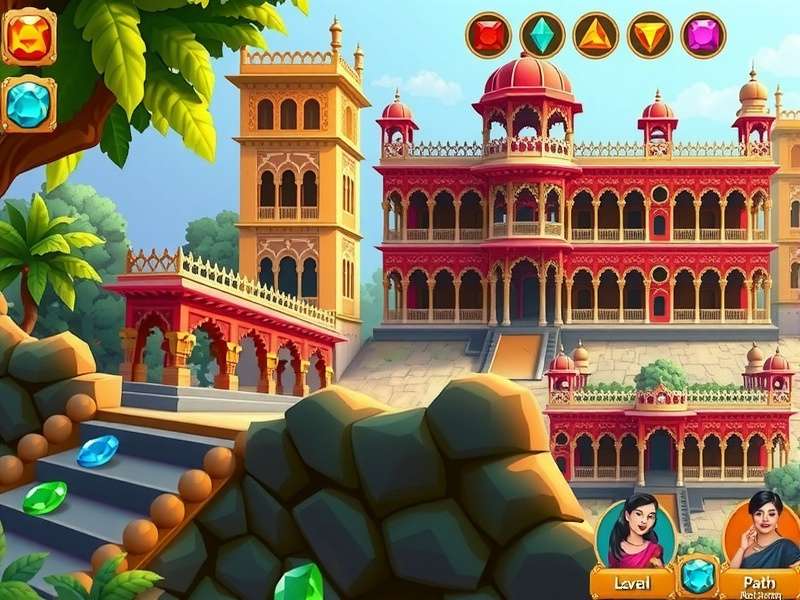 Haveli Enchanted Jewels gameplay screenshot showing colorful jewels and Indian architecture