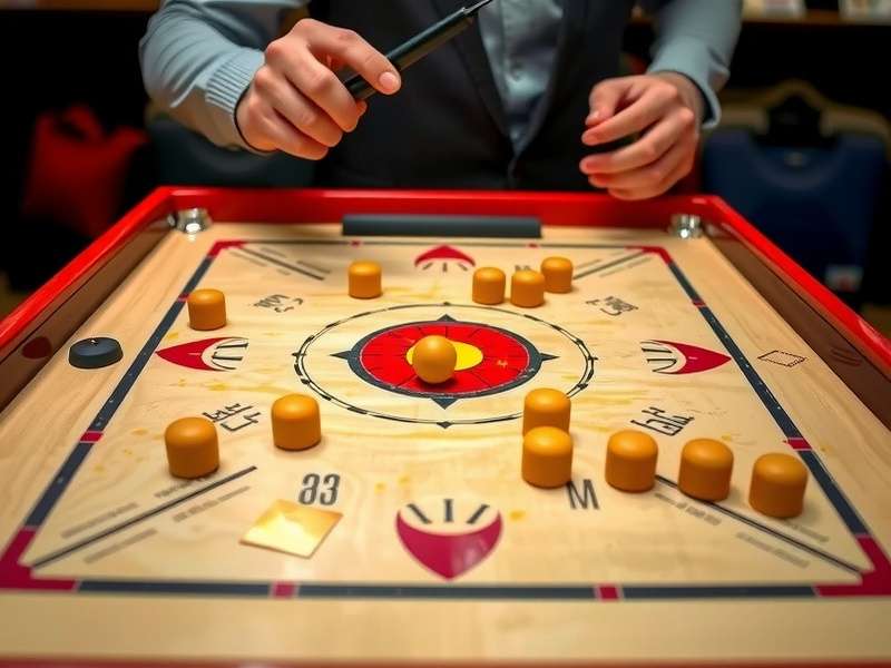 Official Carrom Titan Invincible equipment including board, pieces, and striker