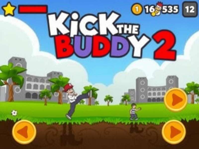 Kick The Buddy 2 gameplay screenshot showing various weapons and Buddy character