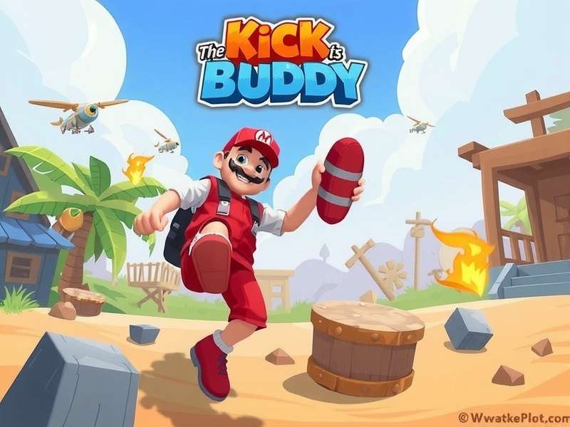 Kick The Buddy 2d gameplay screenshot showing various weapons and tools used on the character Buddy