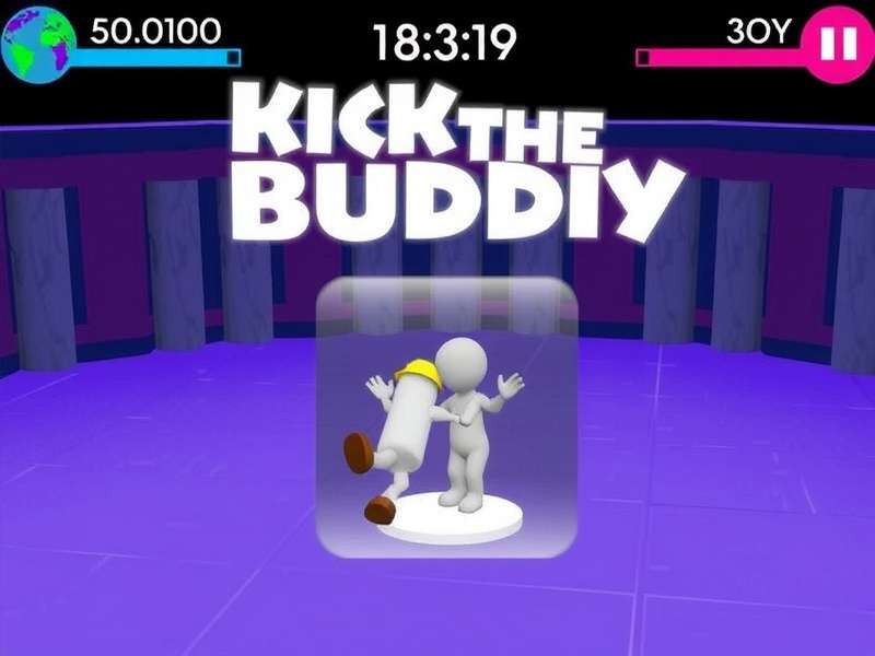 Kick The Buddy gameplay screenshot showing the ragdoll character with various weapons