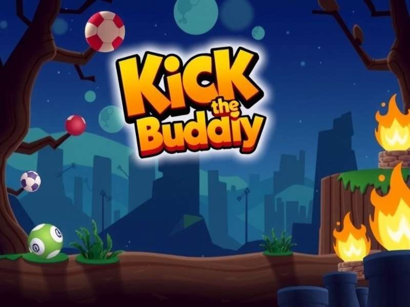 Kick the Buddy game character with weapons and power-ups on a vibrant background